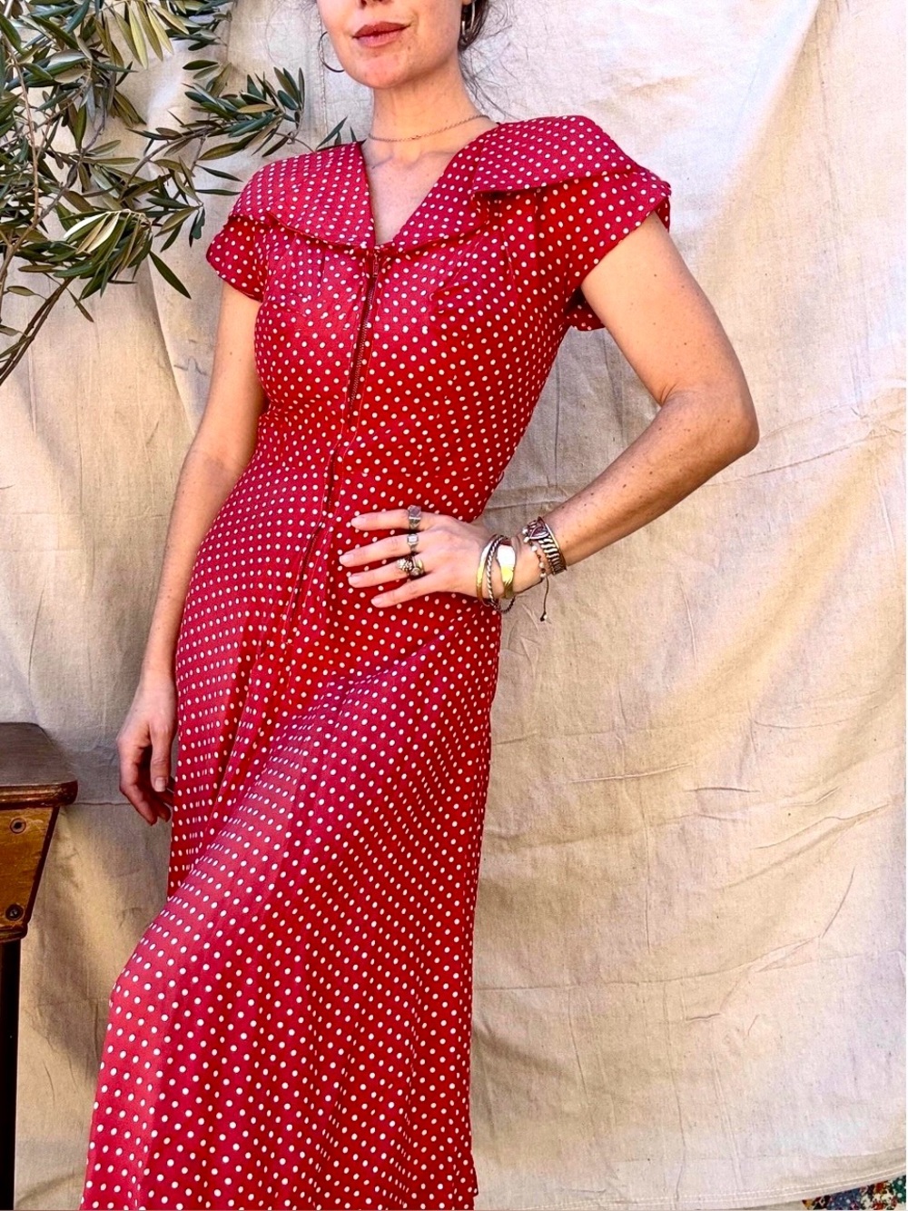 Vintage Red Ruffle Button Polka Dot Dress